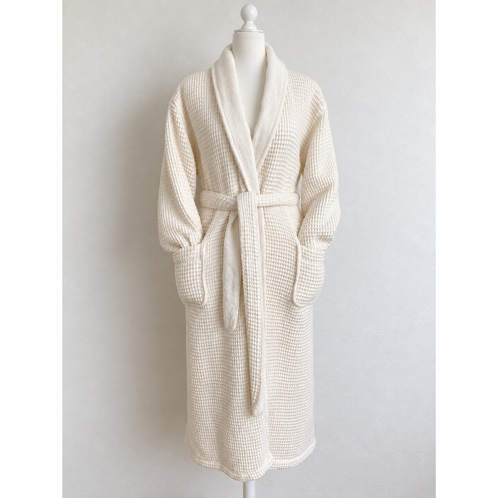 West Elm Organic Spa Waffle Robe 100% Turkish Cotton S Plush Terry 45" Length